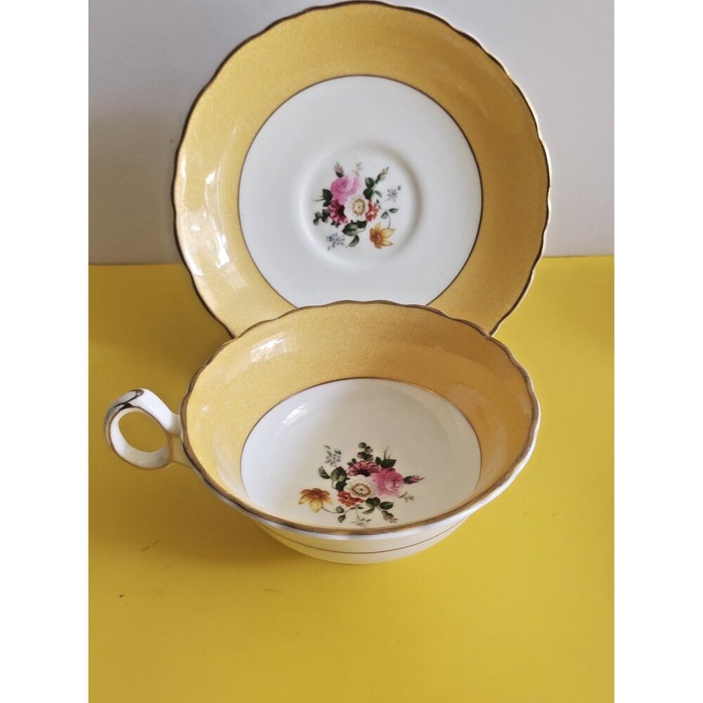 Royal Cauldon England Bone china wide mouth tea cup and saucer  Yellow, Floral